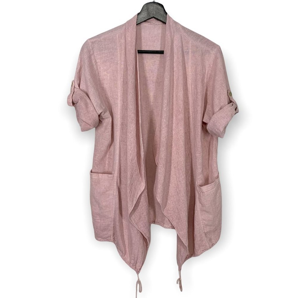 Linen Cotton Blend Short Sleeve Open Front Cardigan Medium